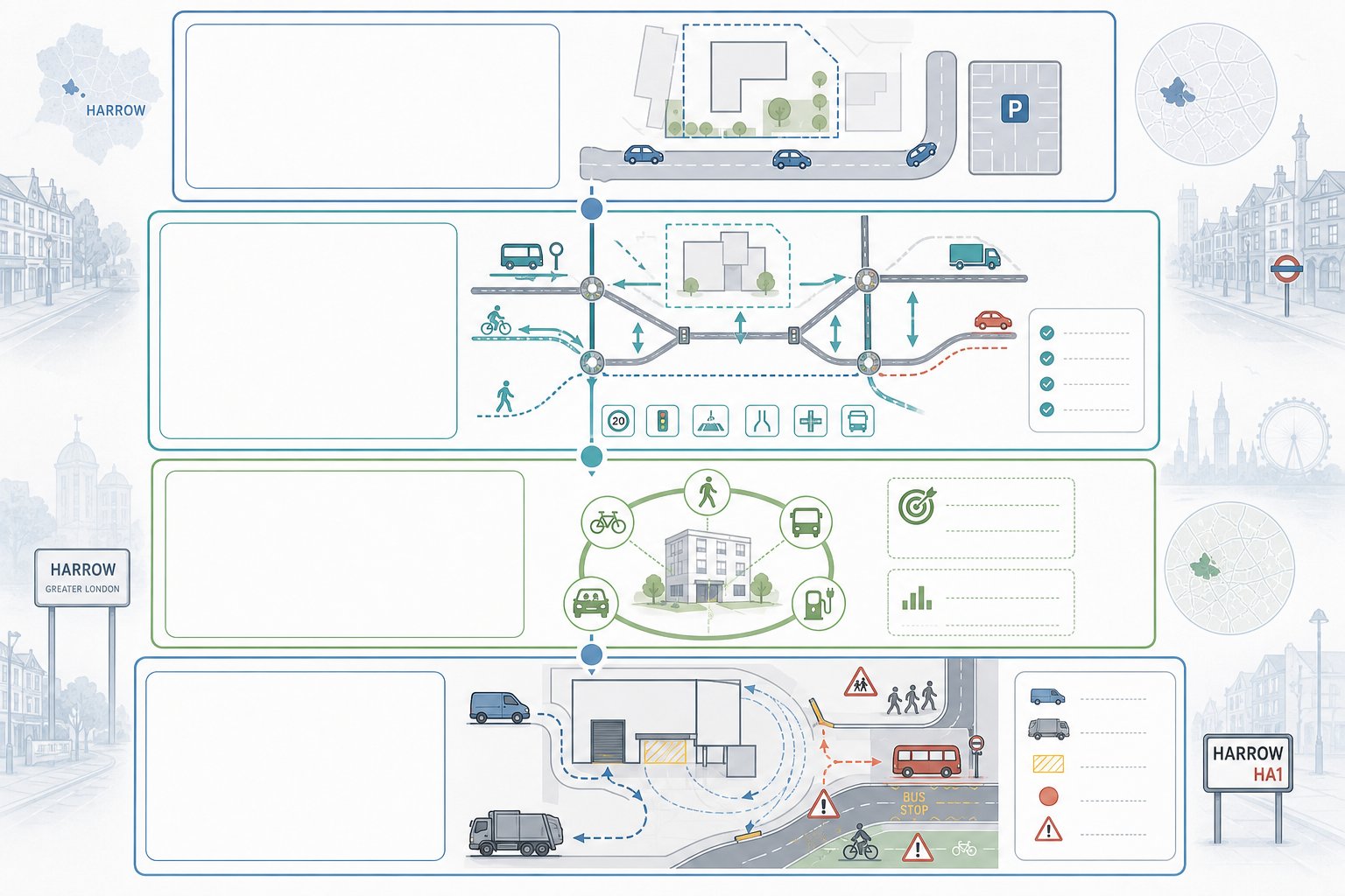 infographic of four transport planning reports for Harrow developments.