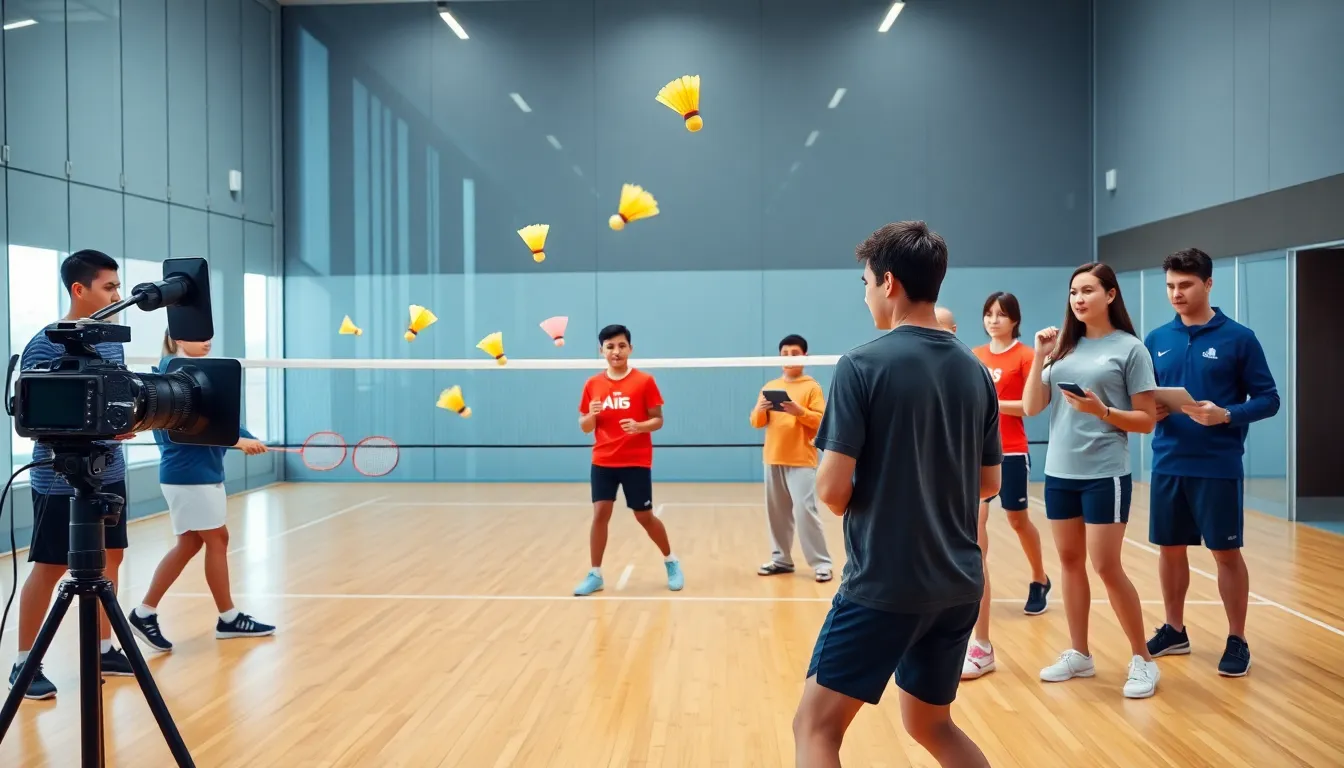young badminton players training with coaches in a modern sports facility.