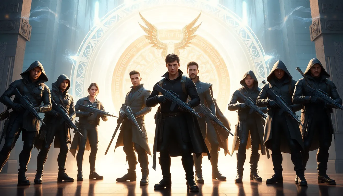 diverse daemonhunters at a mystical gateway ready to defend against daemons.