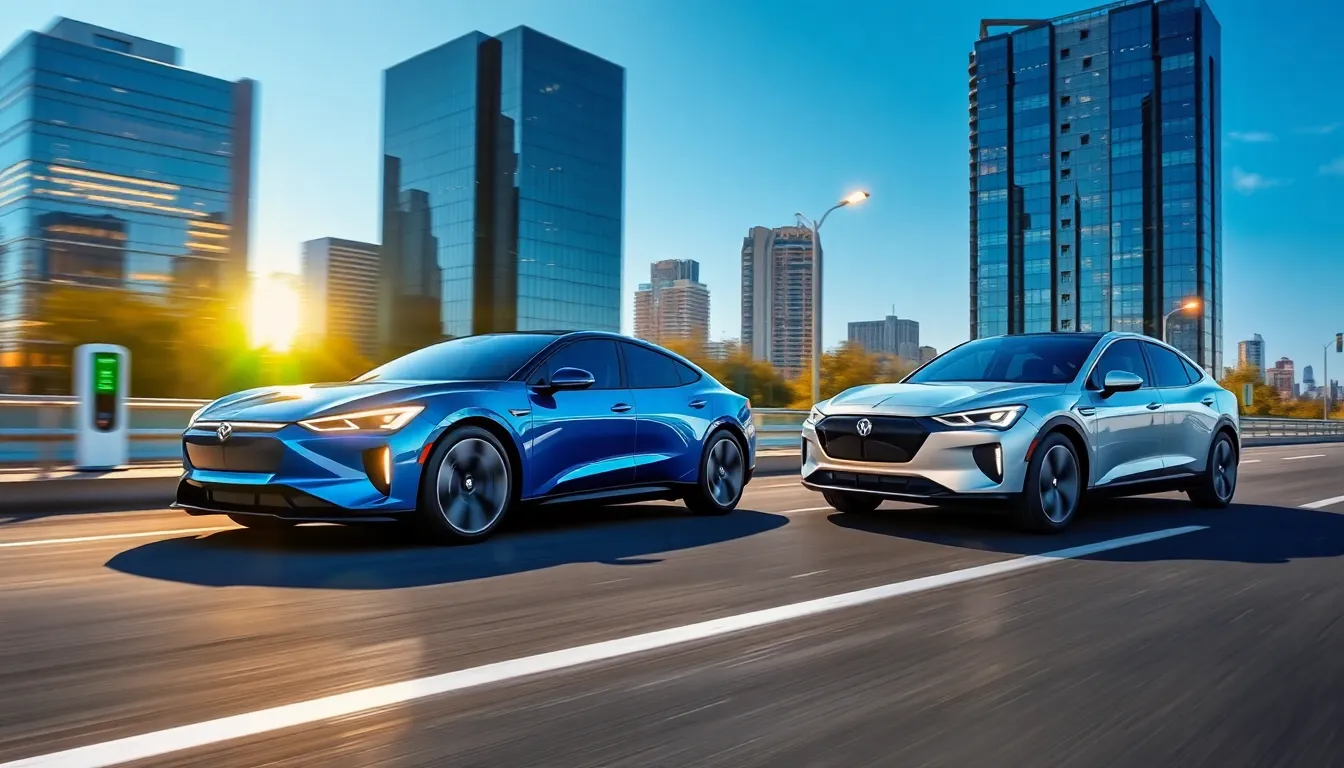 two modern electric vehicles on a sleek road.