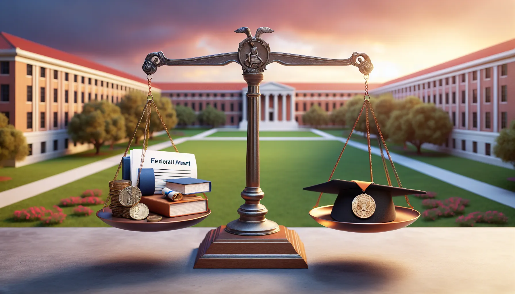 A symbolic scale comparing grants and scholarships in an academic setting.