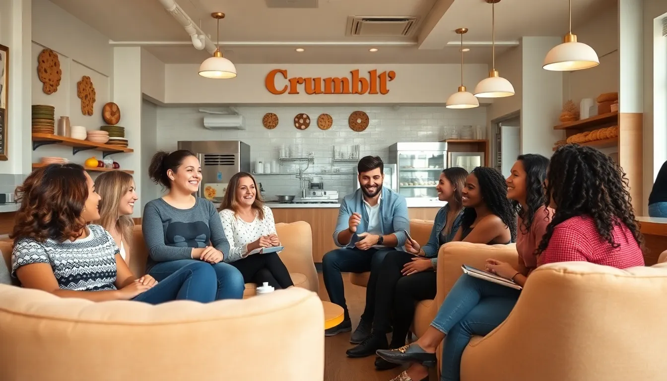 Friends enjoying cookies in a lively Crumbl Cookies shop.