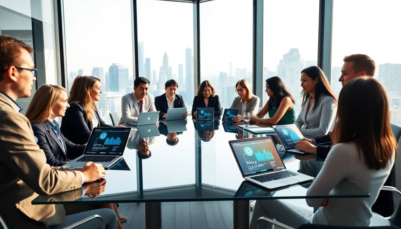 diverse team discussing blockchain technology in a modern office.
