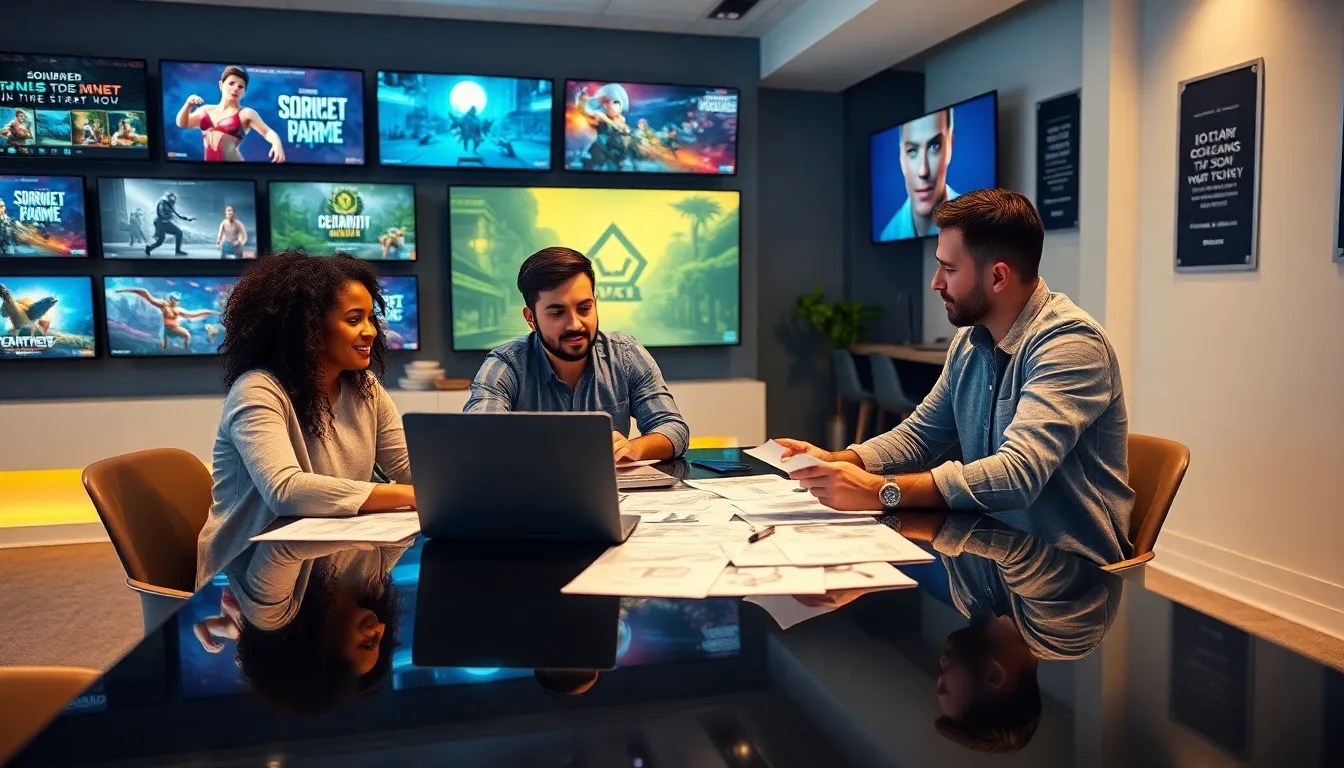 diverse team collaborating on game design in a modern office.