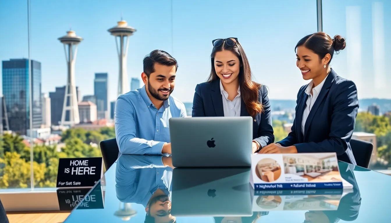 diverse real estate agents collaborating in a modern Seattle office.