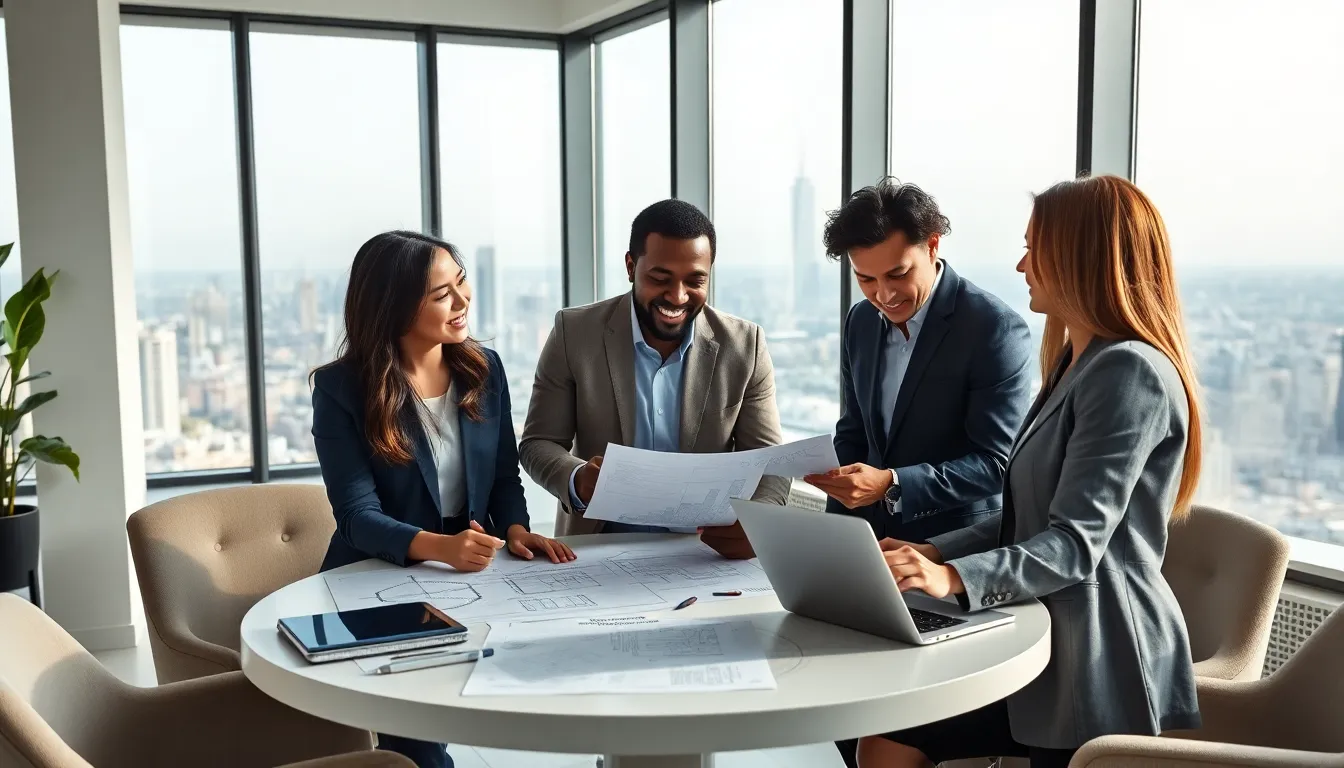 diverse team collaborating on creative real estate strategies in a modern office.