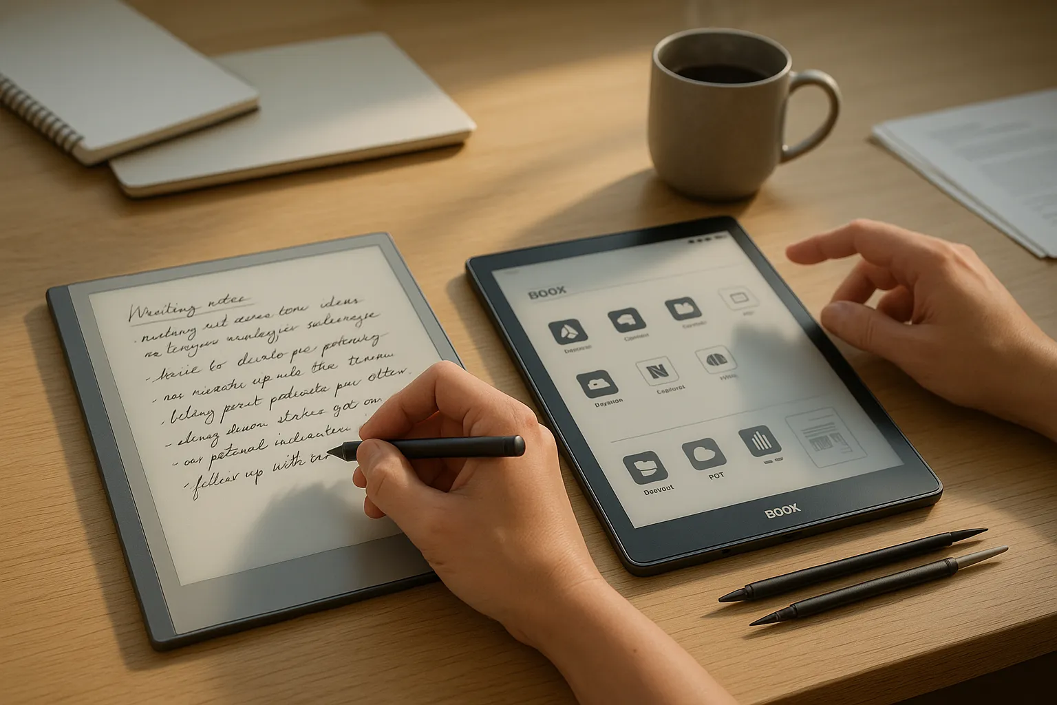 Two e-ink tablets: reMarkable 2 handwritten page and Onyx Boox app screen.