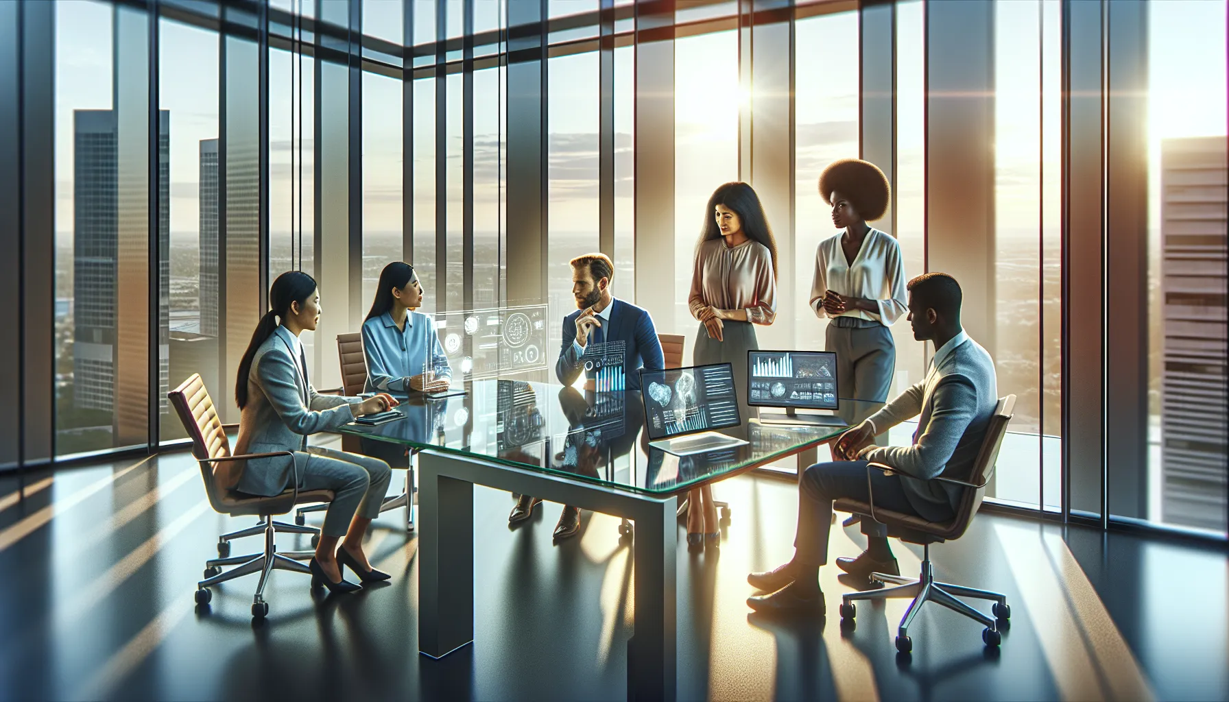 diverse team discussing innovative technology in a modern office.