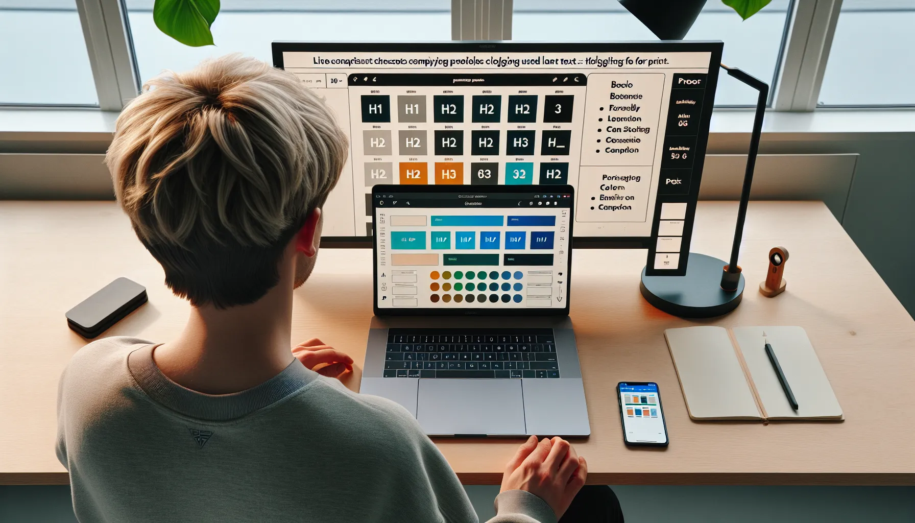 Designer reviews typography and color contrast guidelines on a laptop in oslo.