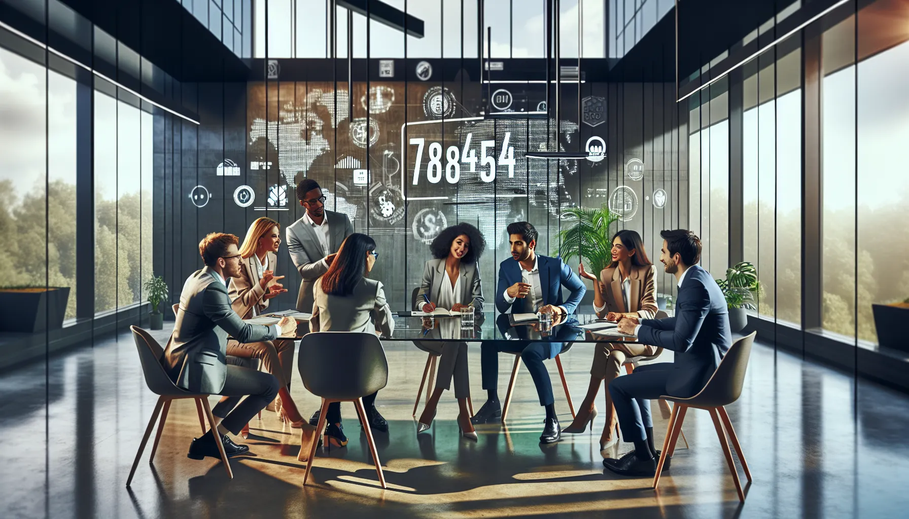 diverse team brainstorming around a conference table in a modern office.