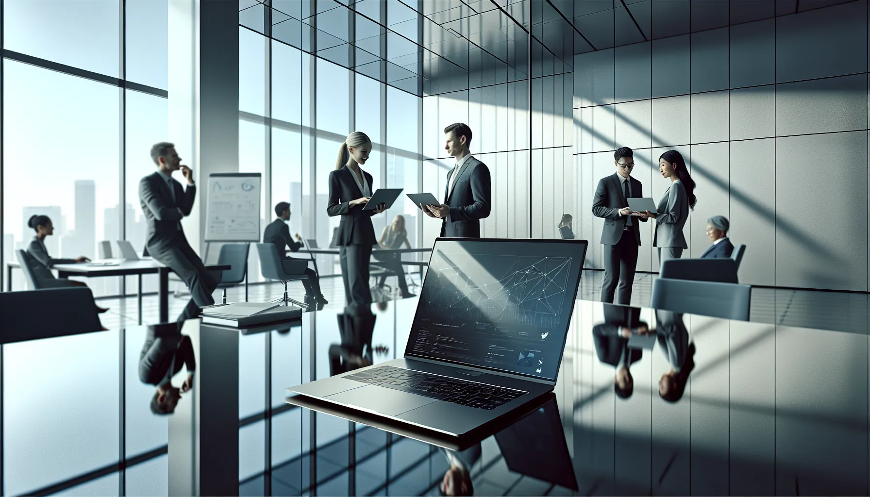 Asus laptops on a glass table in a modern office setting.