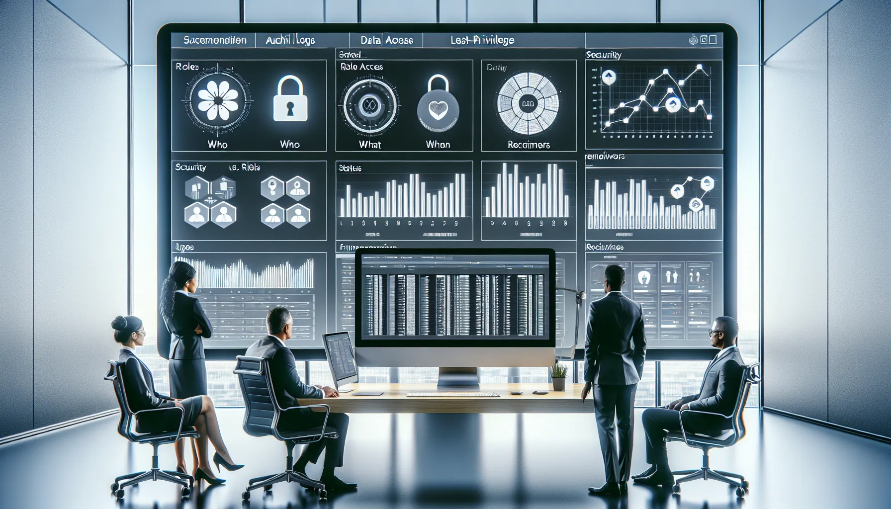 Professionals reviewing a secure, compliance-focused Tableau report scheduling dashboard in a modern office.