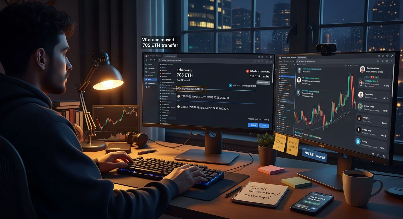 Trader watches 705 ETH transfer alert as panic spreads across social feeds.