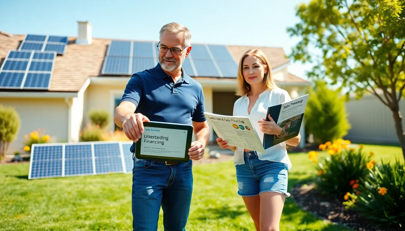A couple discussing solar financing options in their sunny backyard.