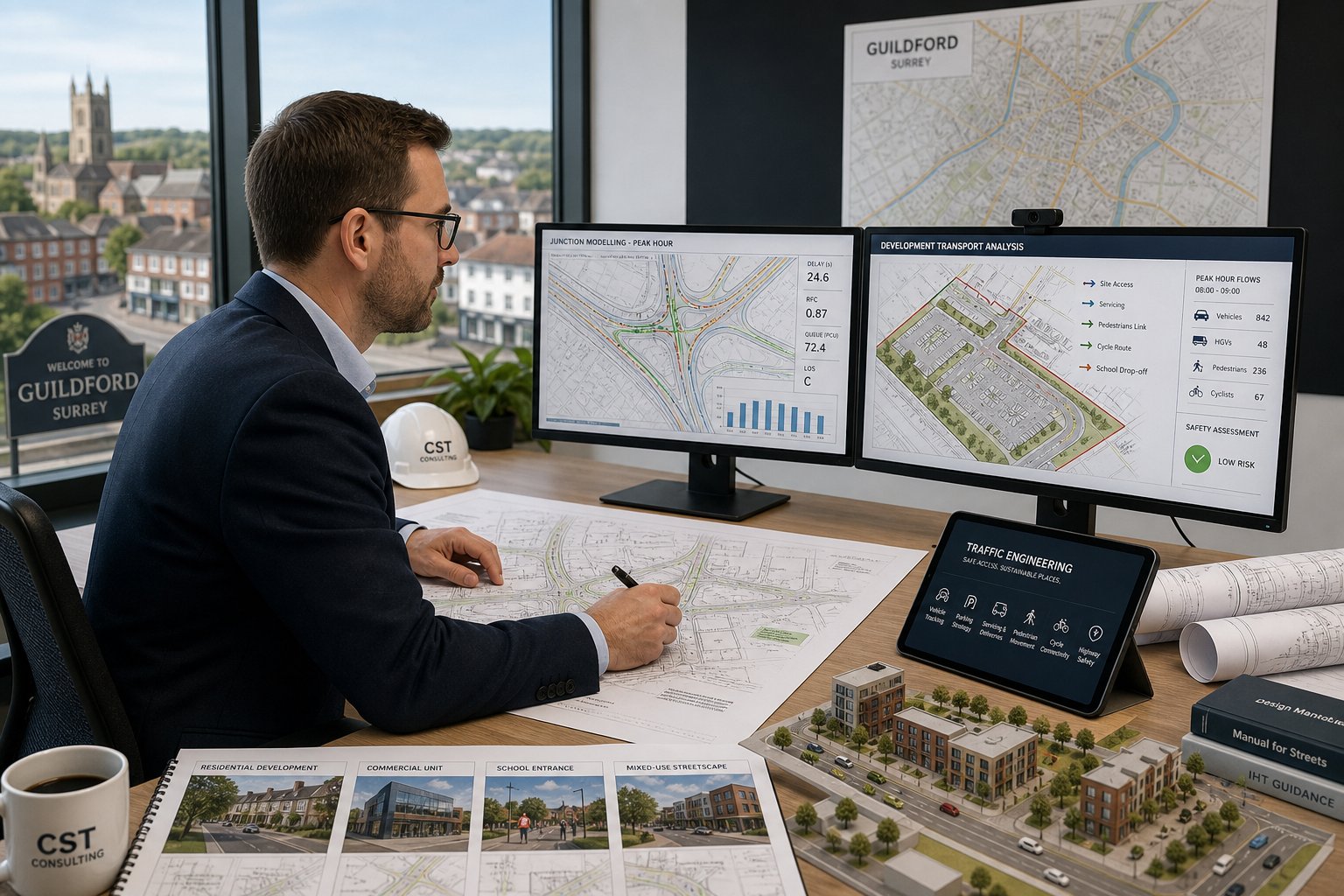 Traffic engineer reviewing residential and commercial development transport plans in a modern office.