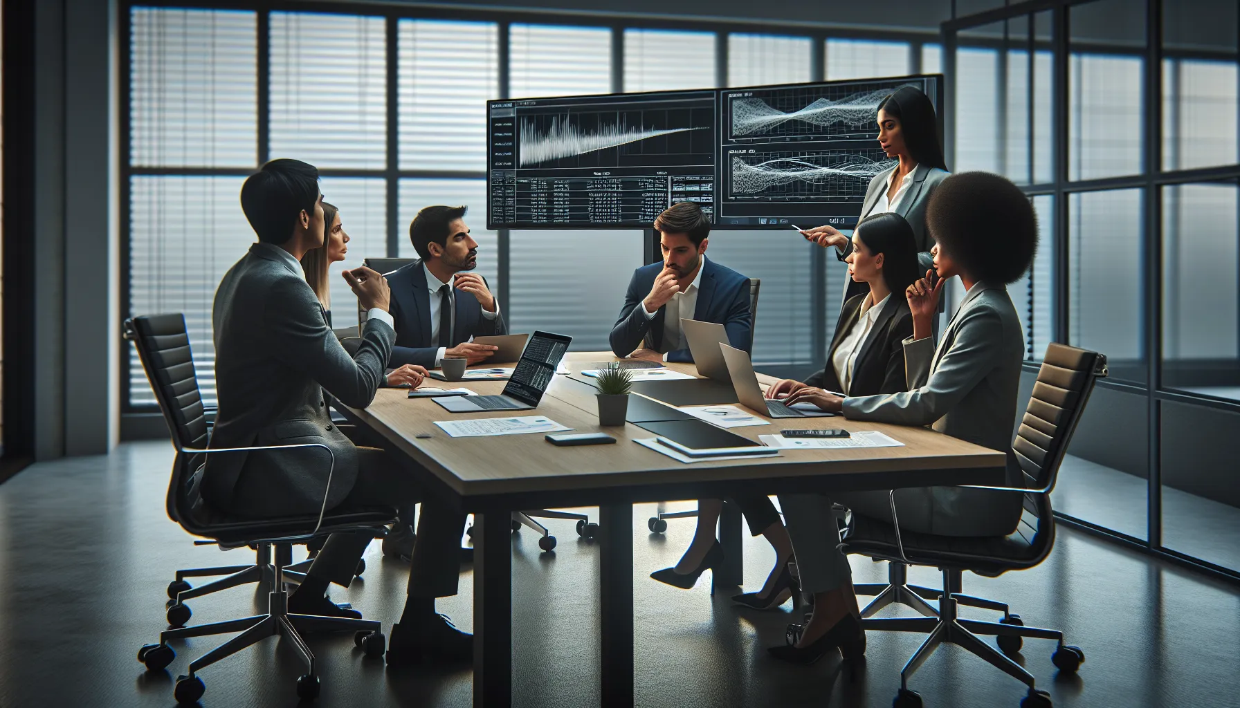 team of IT professionals discussing IP addresses in a modern office.