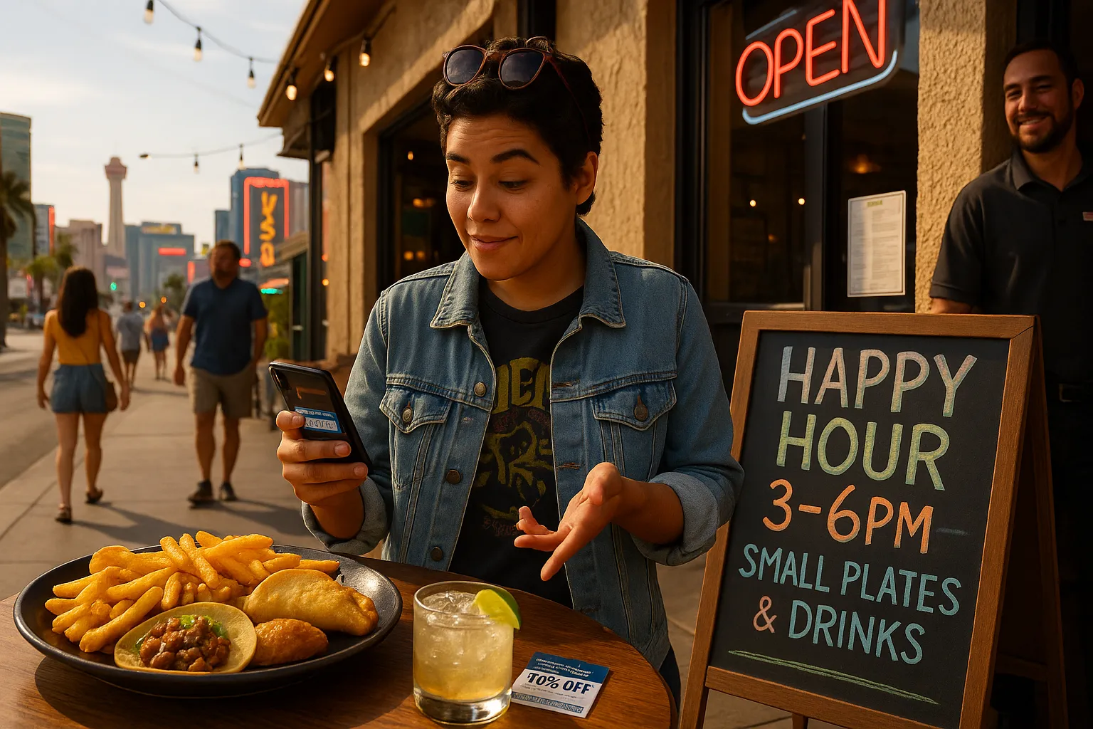 Person using a dining app outside a casual Las Vegas eatery during happy hour.