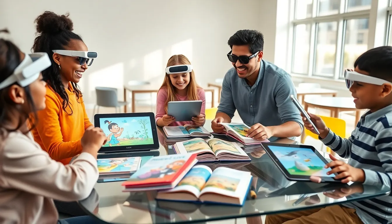 Students using augmented reality in a modern classroom with books.