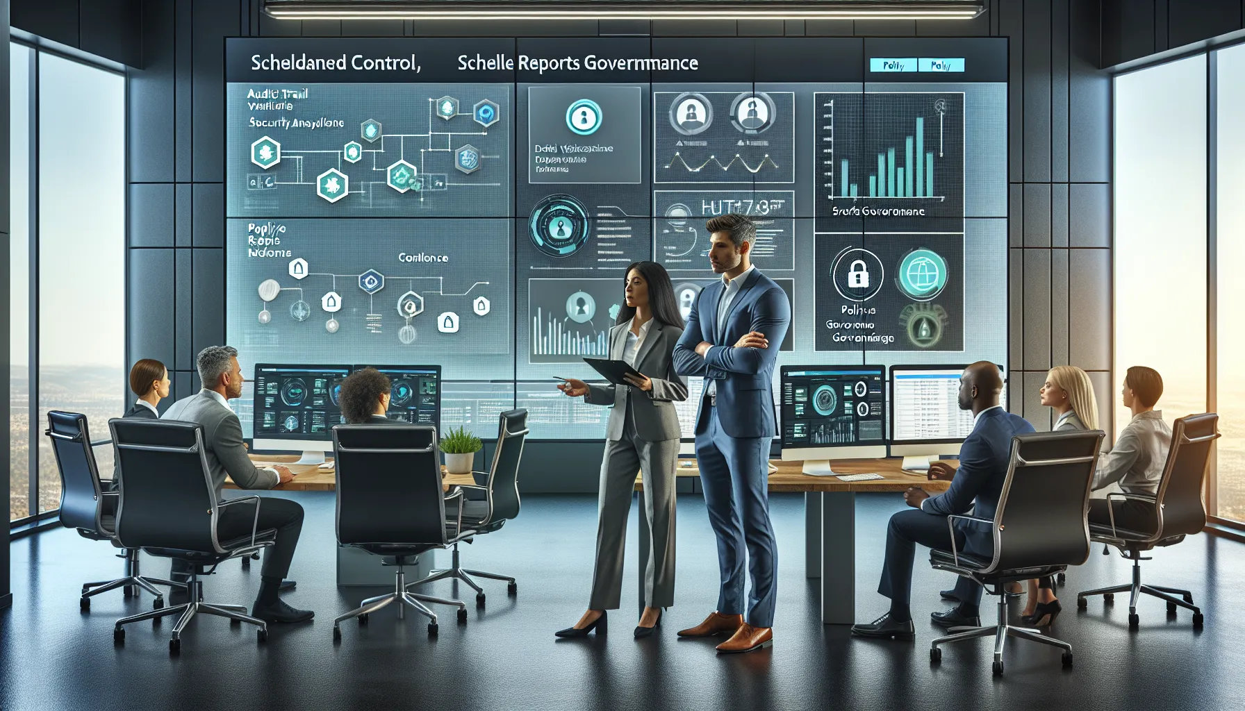 Data and security team managing governed, audited Tableau email report scheduling in a modern office.