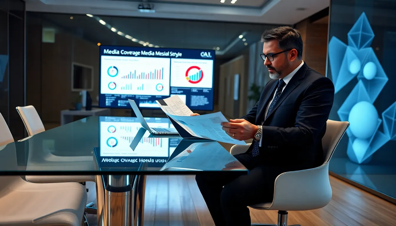 analyst reviewing media coverage analysis in a modern office.