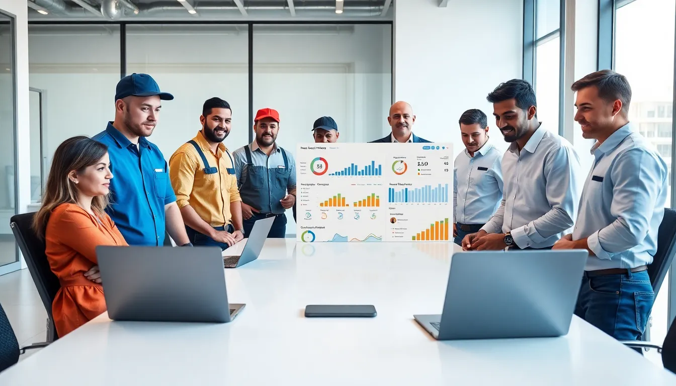 plumbers and managers discussing CRM software in a modern office.