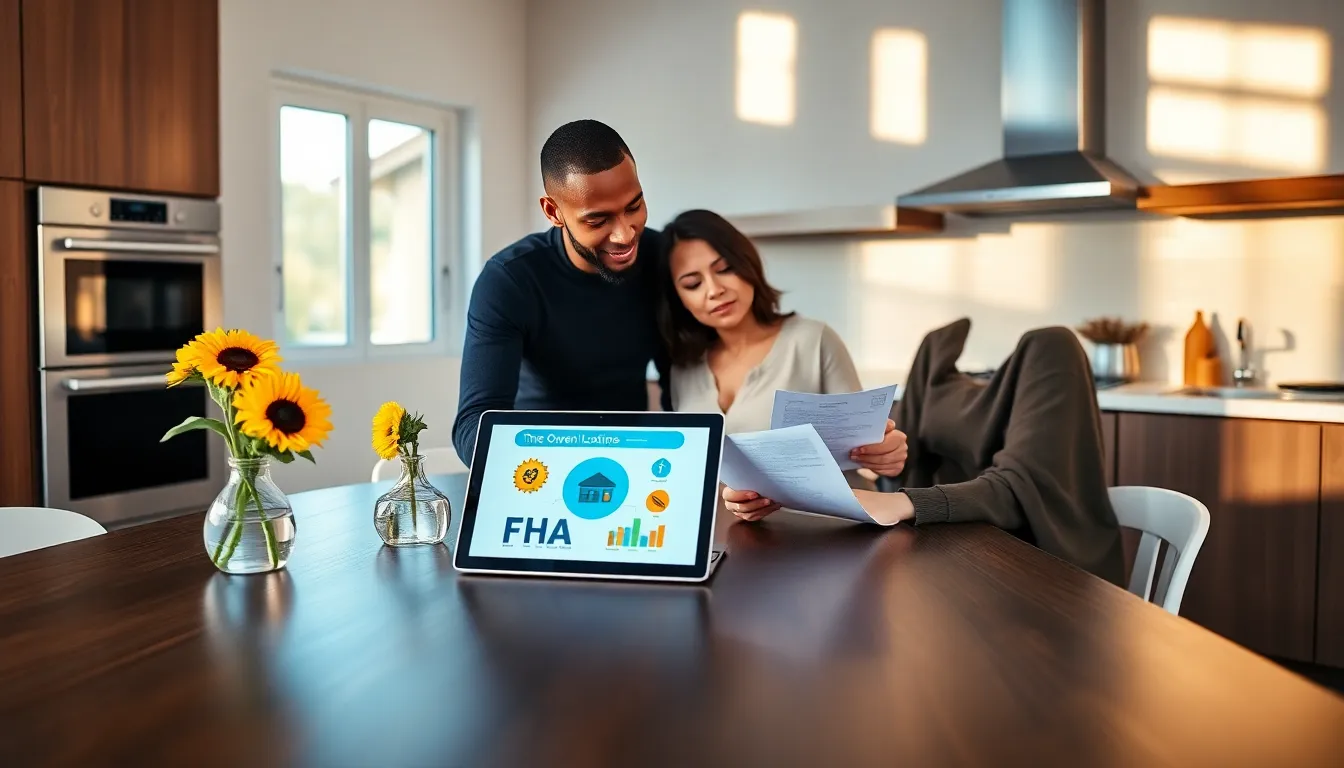 diverse couple discussing FHA loans in a modern kitchen.