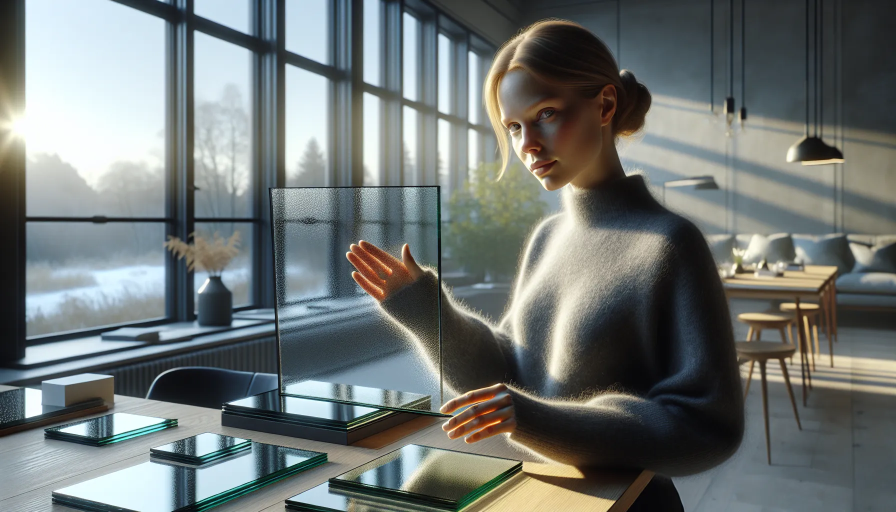 Norwegian homeowner inspecting laminated glass by an energy-efficient window in winter.