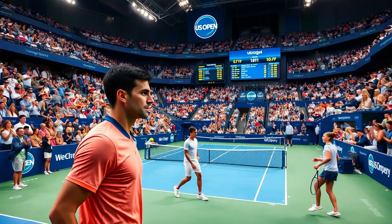 tennis players competing at a major tournament with cheering fans.