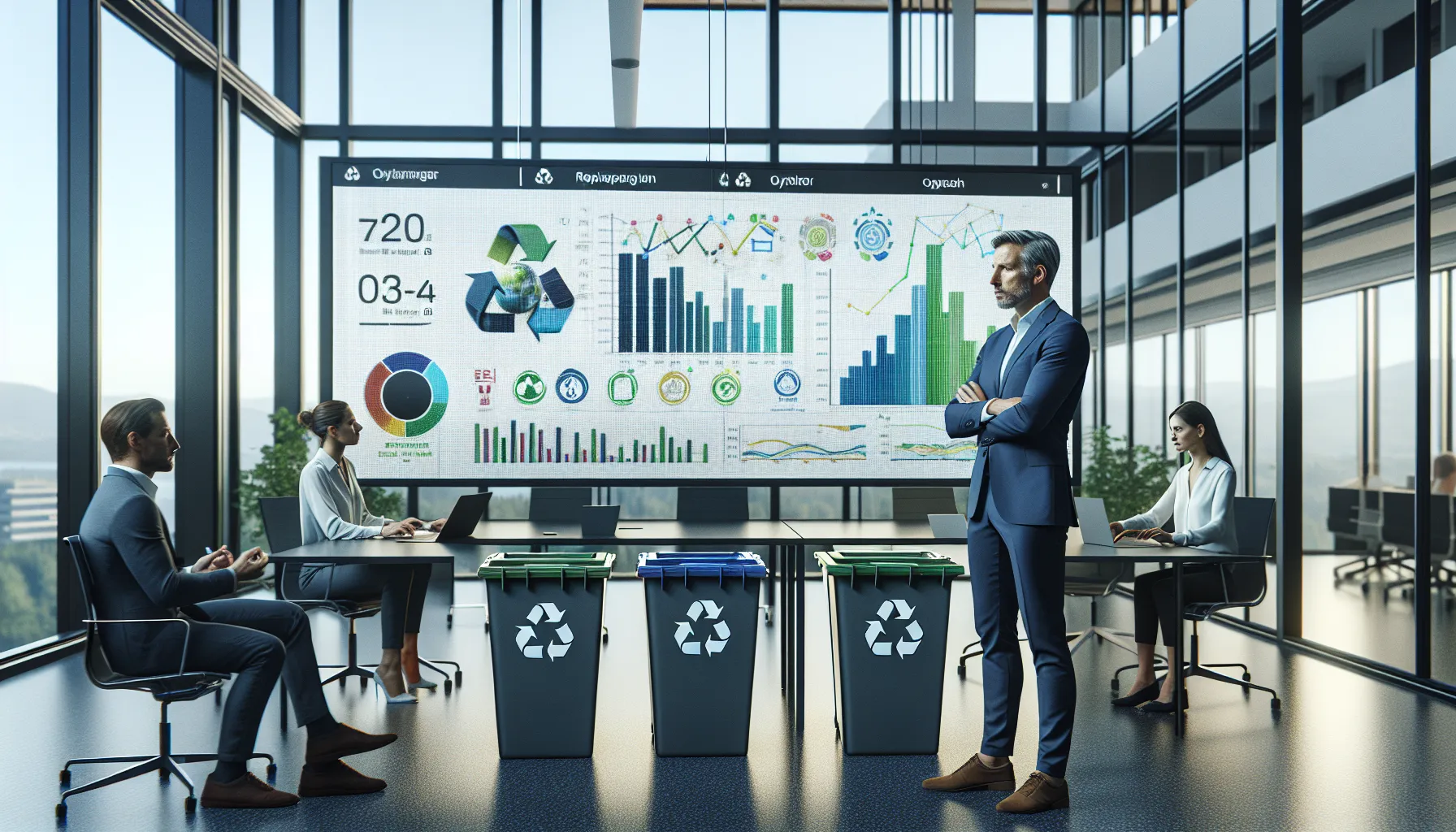 Norwegian office leaders review recycling data linking waste reduction to business profits.