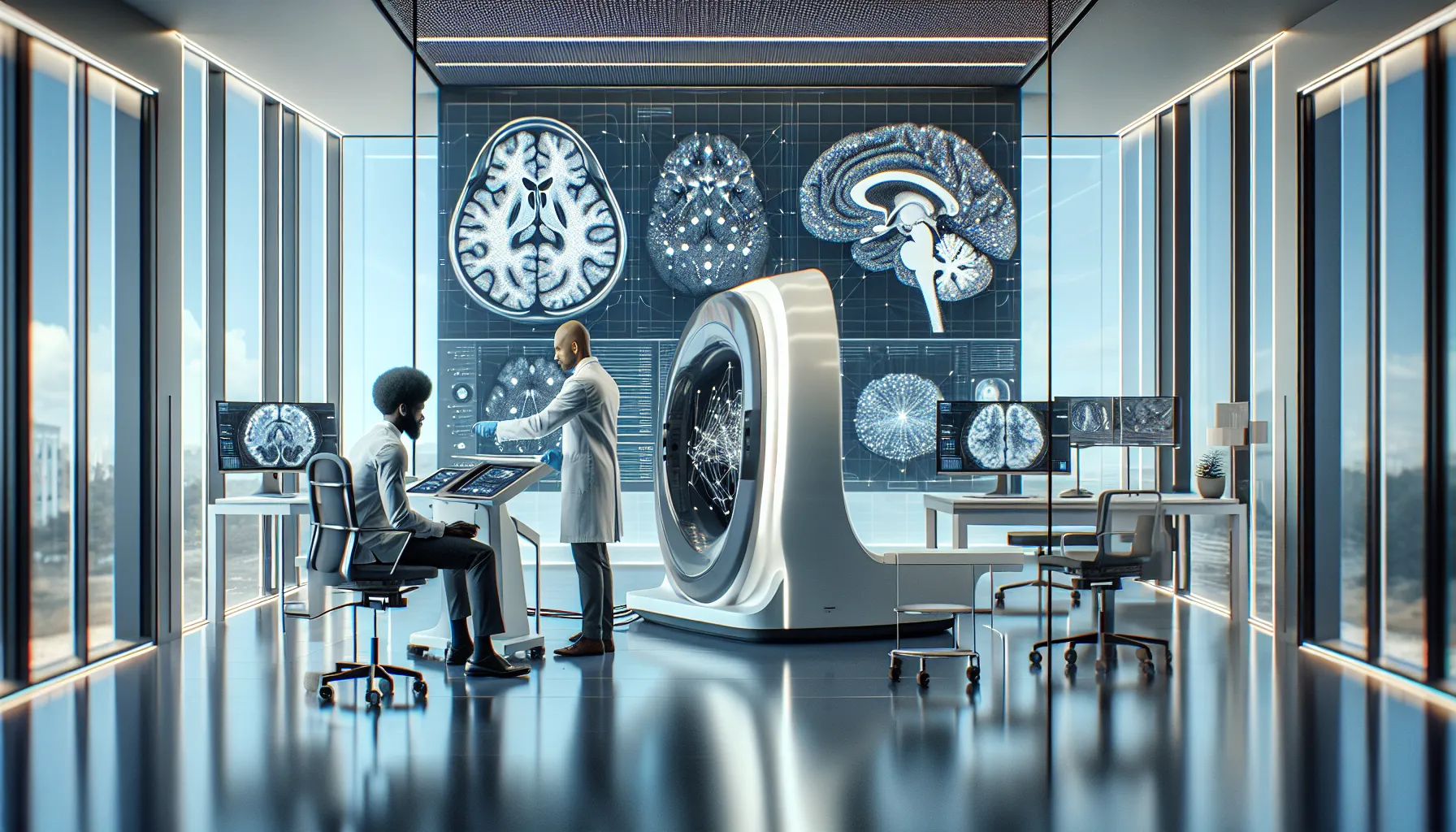 diverse researchers collaborating in a modern neuroimaging lab.