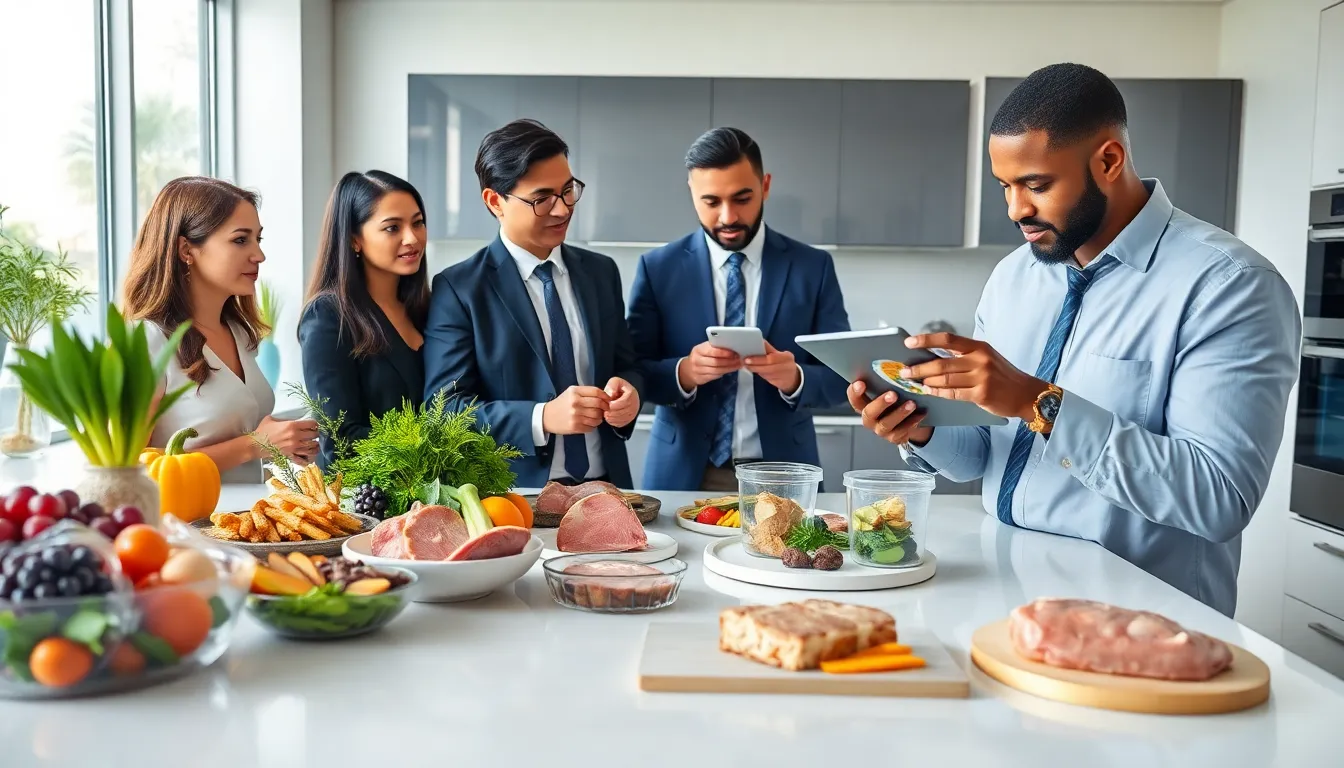 professionals discussing plant-based and blockchain innovations in a modern kitchen.