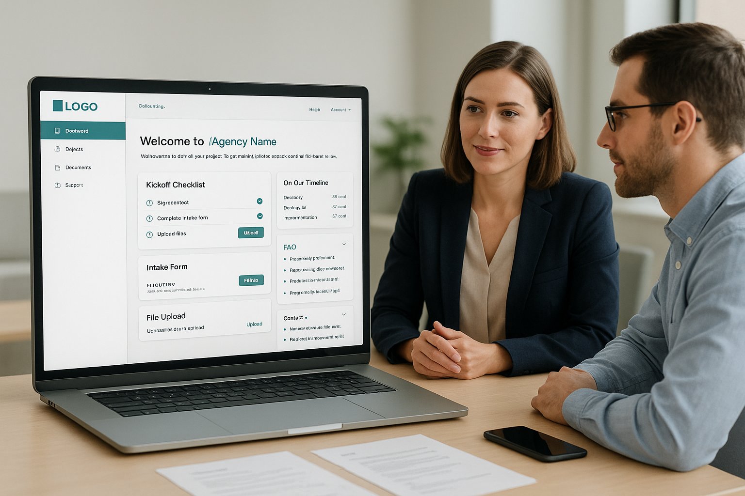 Branded client onboarding portal shown in a modern agency office.