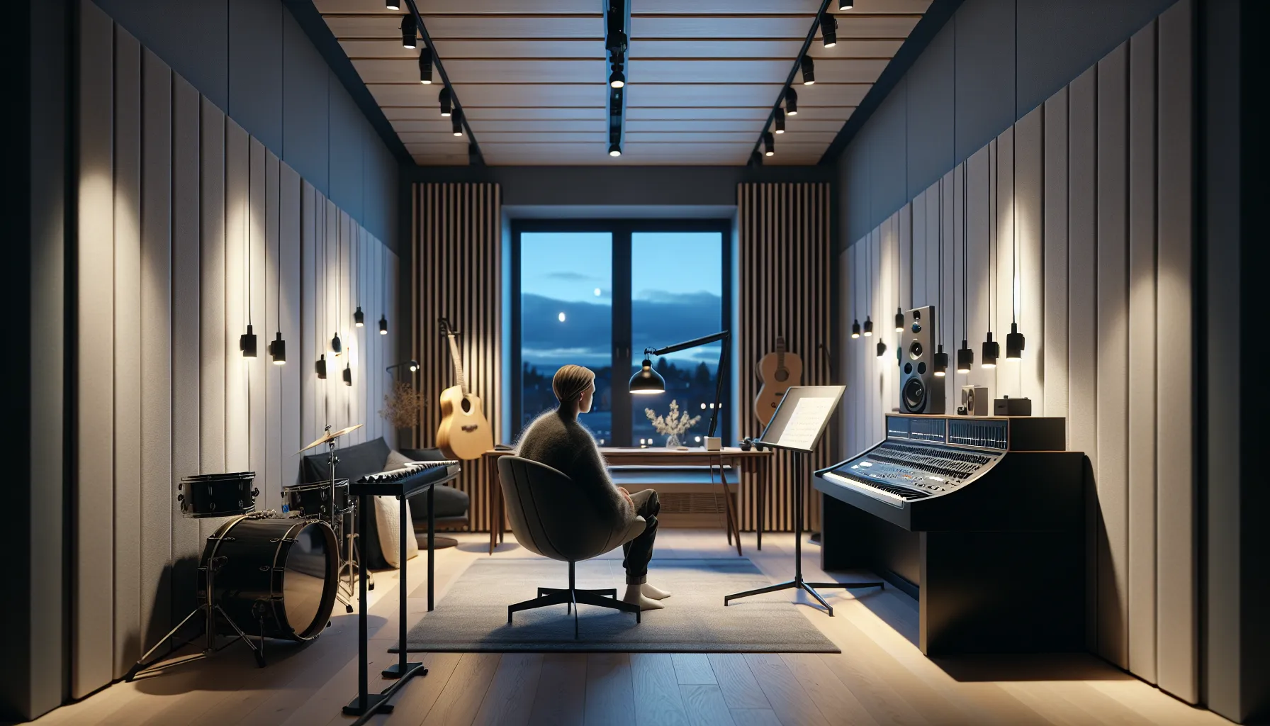 Modern norwegian music room with layered ceiling, task, and mood lighting.