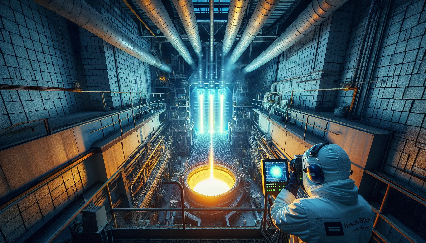 Norwegian glass furnace with molten glass, oxy-fuel flame, and technician monitoring.