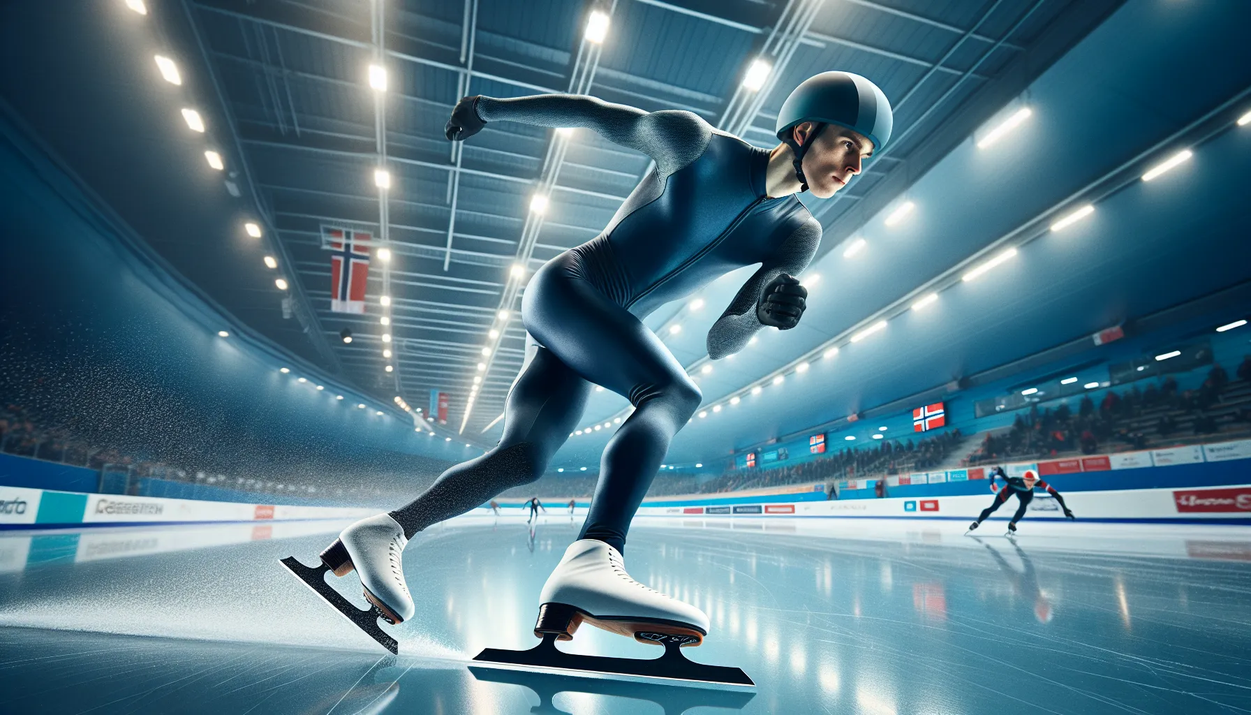 Short track skater on norwegian rink demonstrating low, stable body position on ice.