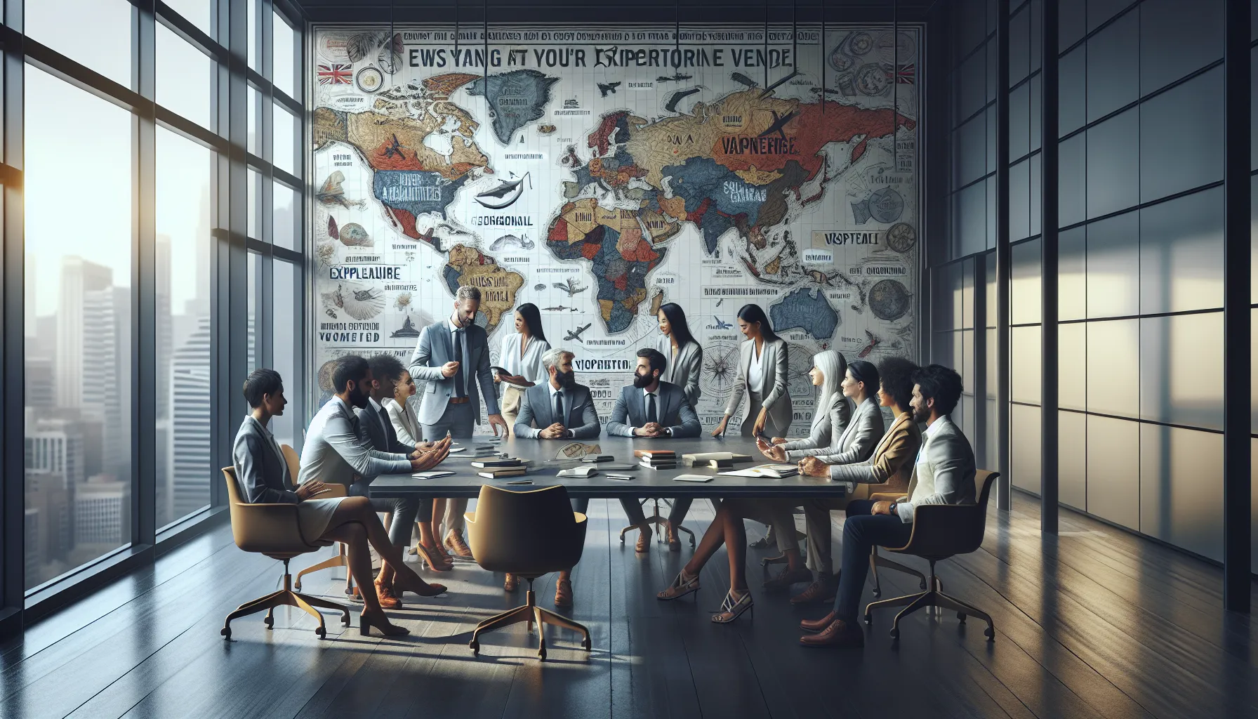 diverse team collaborating on travel ideas in a modern office.