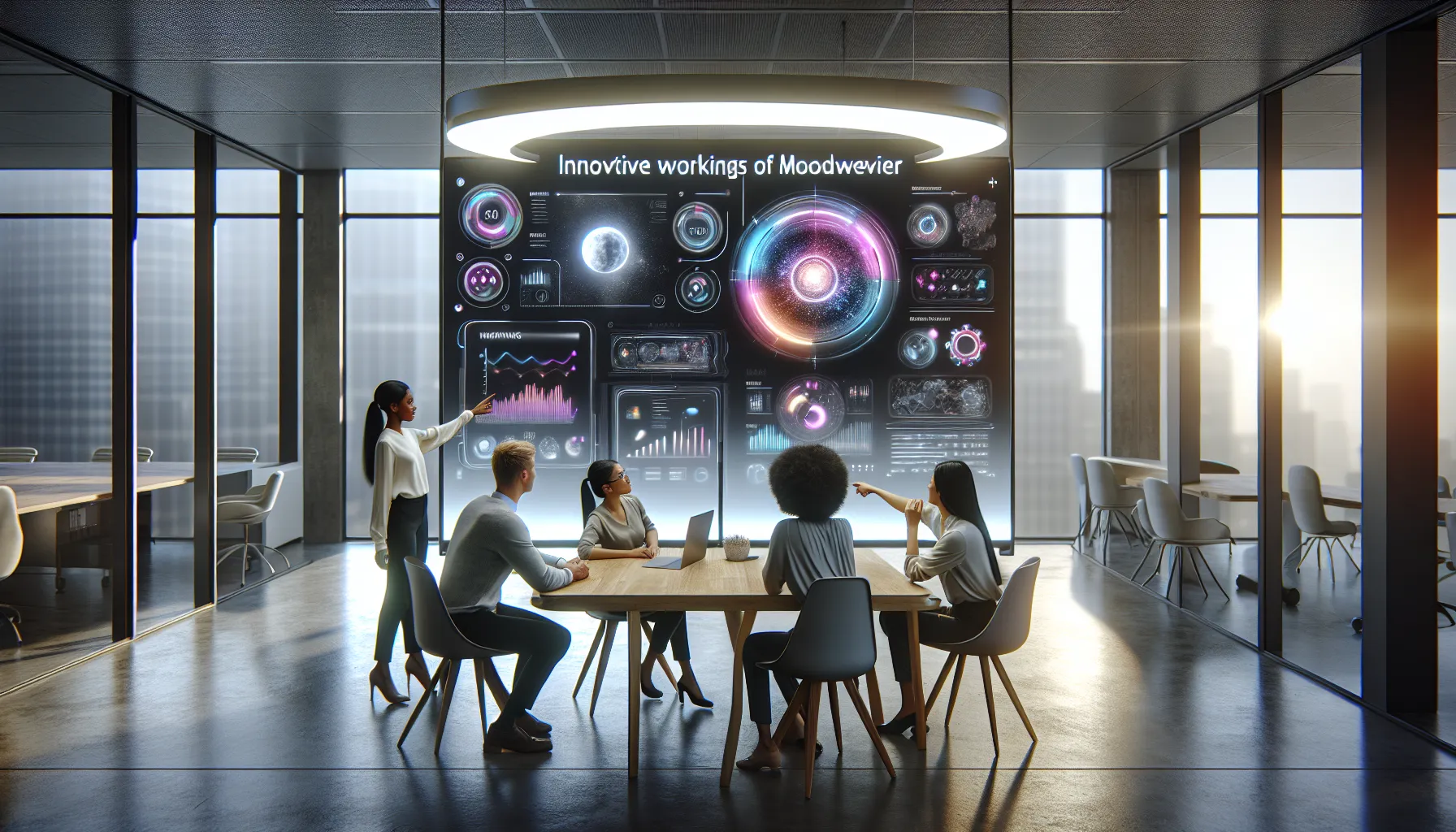 team discussing a digital interface displaying moondweiier's features.