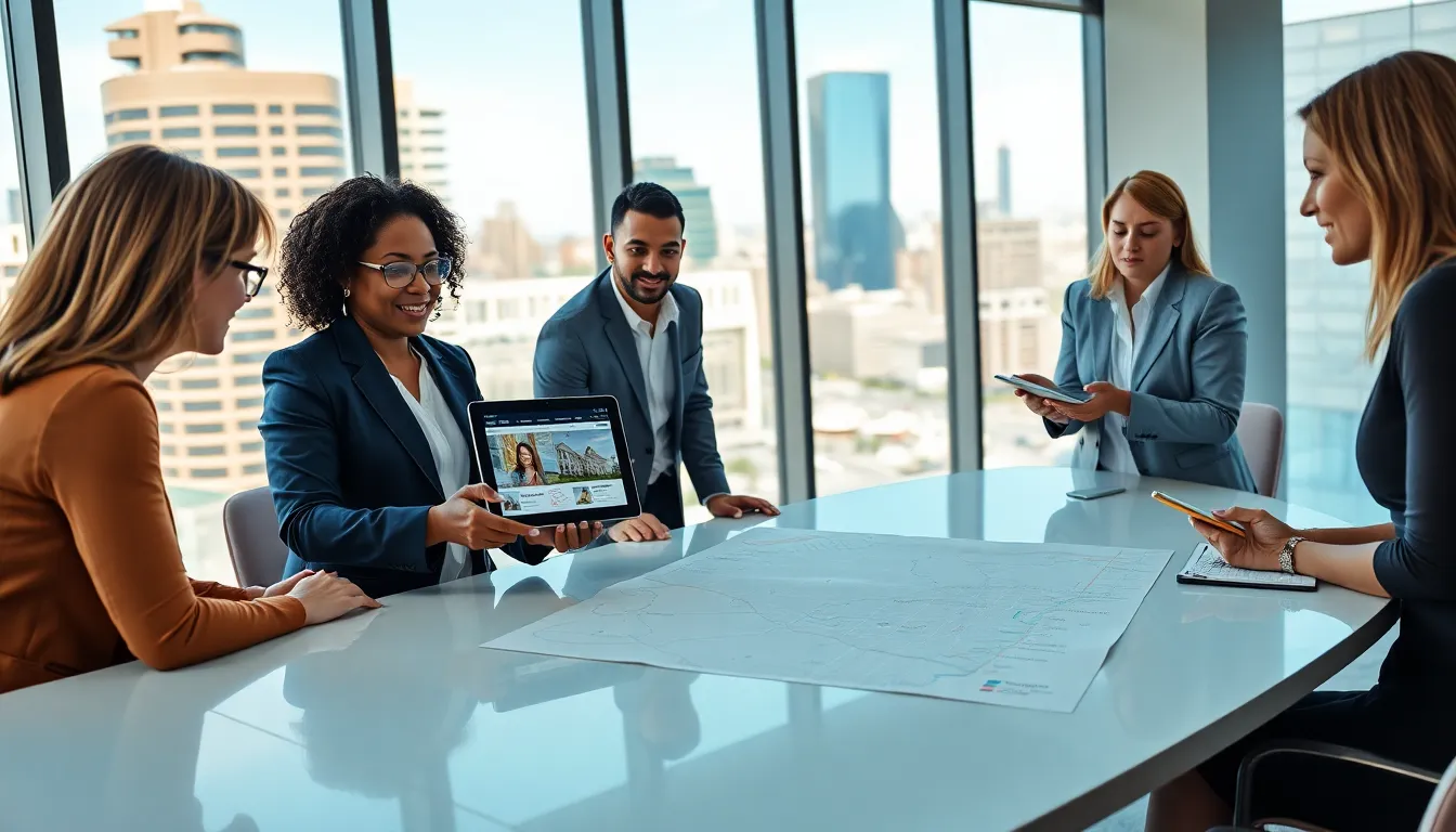 Real estate agents collaborating in a modern office setting.