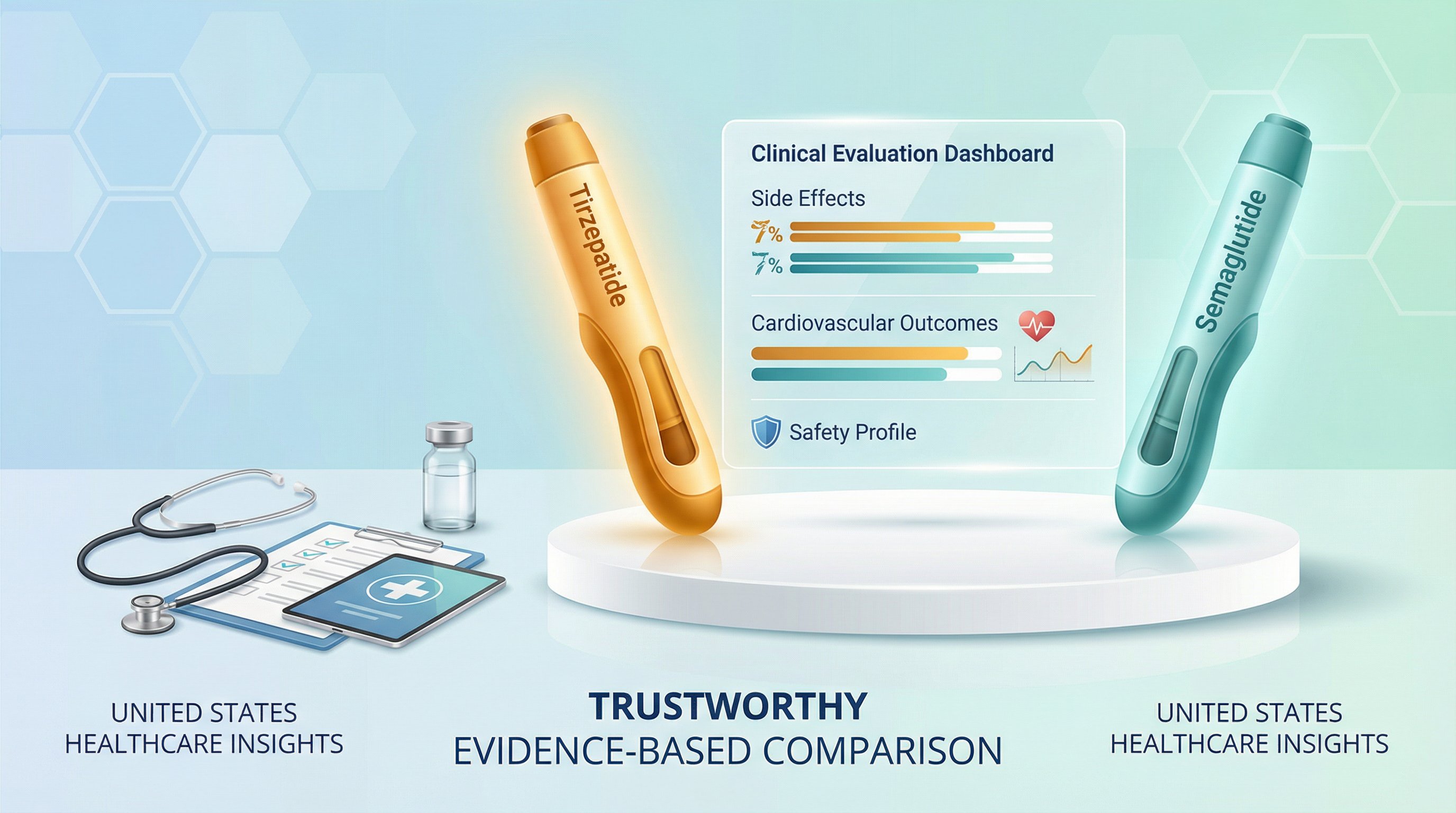 Two medication pens beside a safety data dashboard comparing side effects.