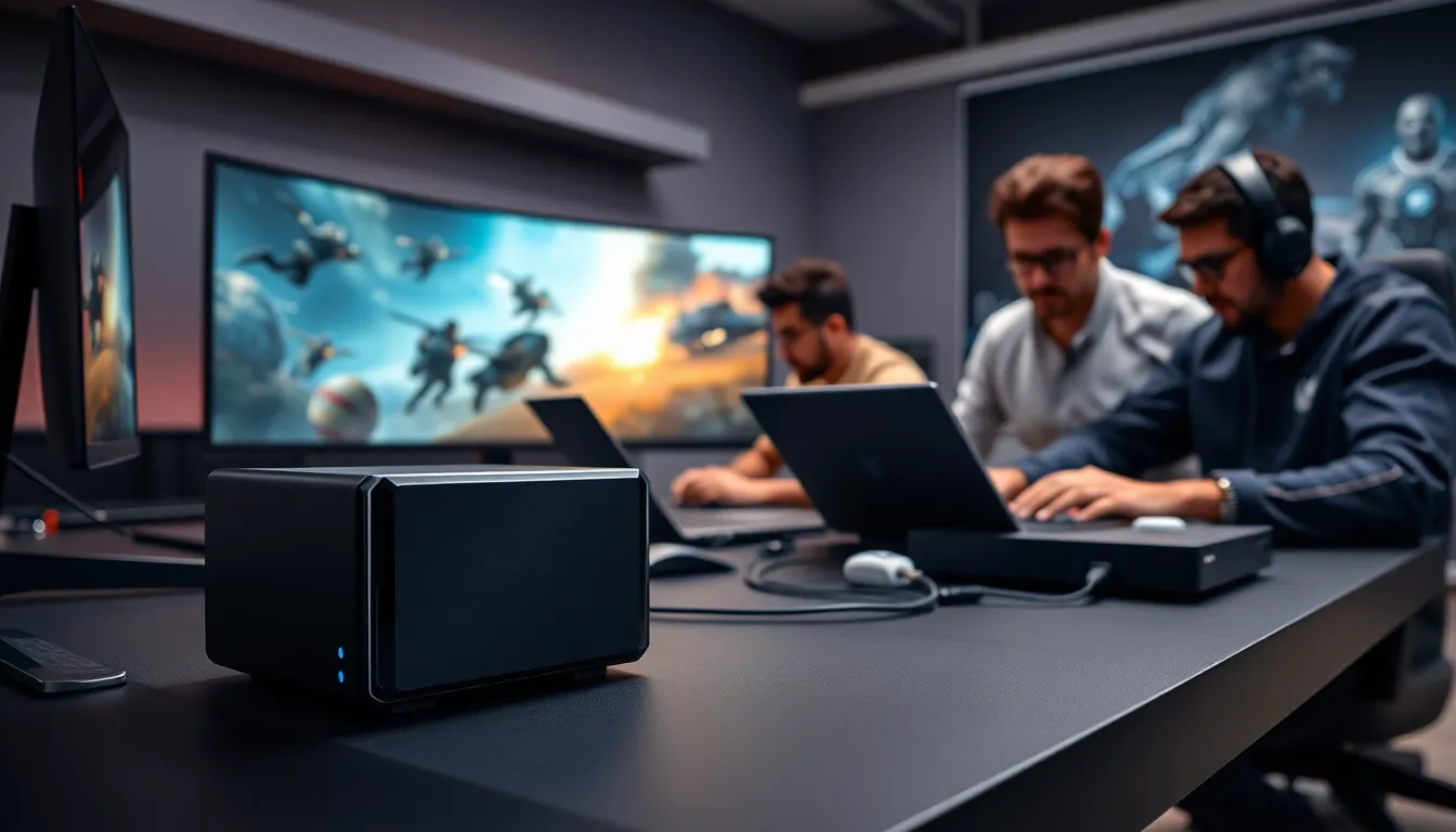 modern gaming setup with an external hard drive and diverse gamers.