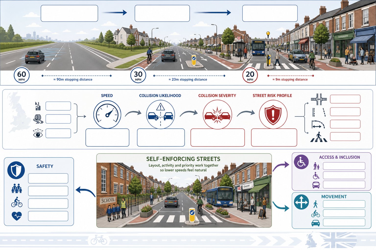 infographic showing how street design lowers speeds and balances safety, access, and movement