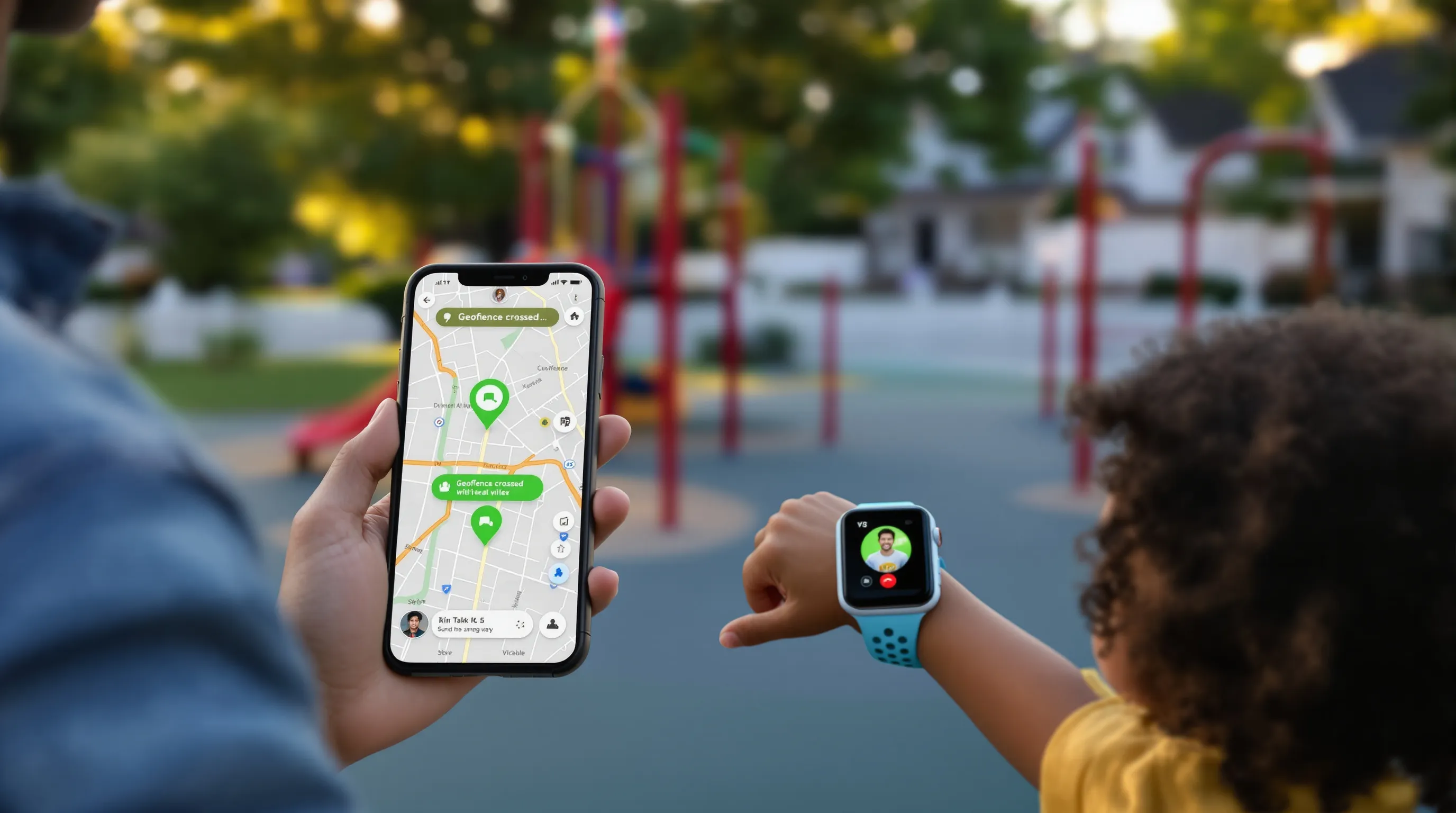Parent gets geofence alert as child video-calls on TickTalk 5 at playground.