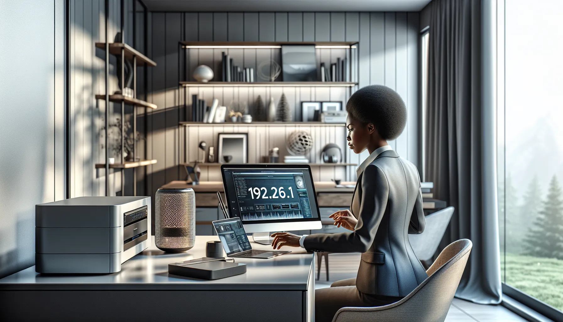 A professional setting with a woman configuring network devices on her laptop.