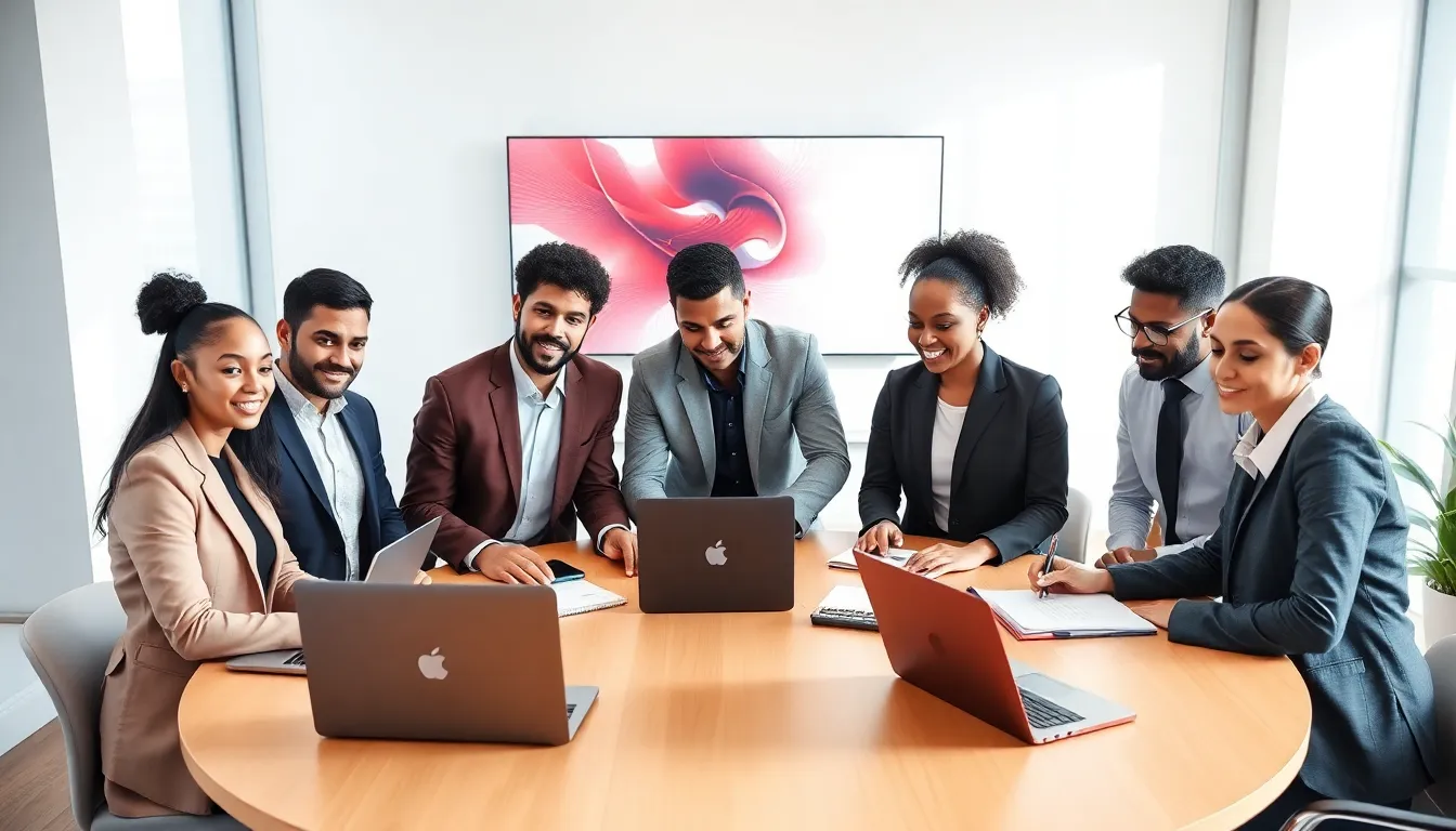 diverse team collaborating in a modern workspace.