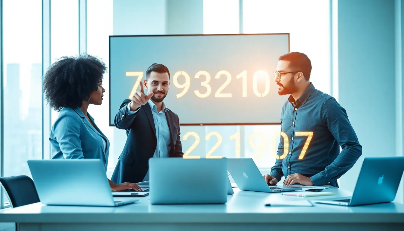diverse team analyzing the number 7193210907 in a modern office.