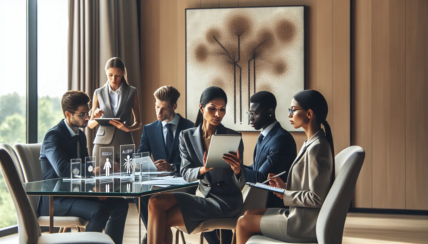 professionals discussing ridugai allergy symptoms in a modern office.