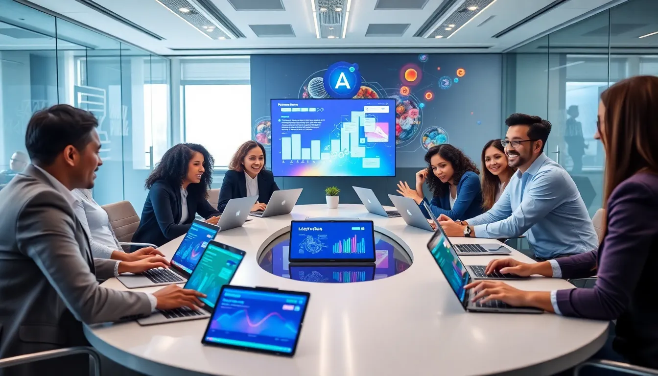 diverse team collaborating in a modern tech workspace.