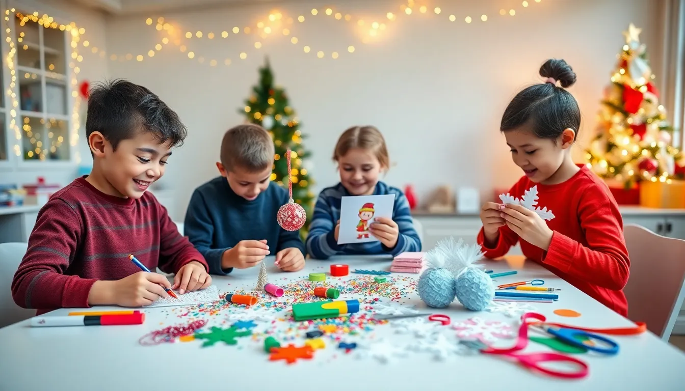 children creating Christmas DIY crafts in a festive workspace.