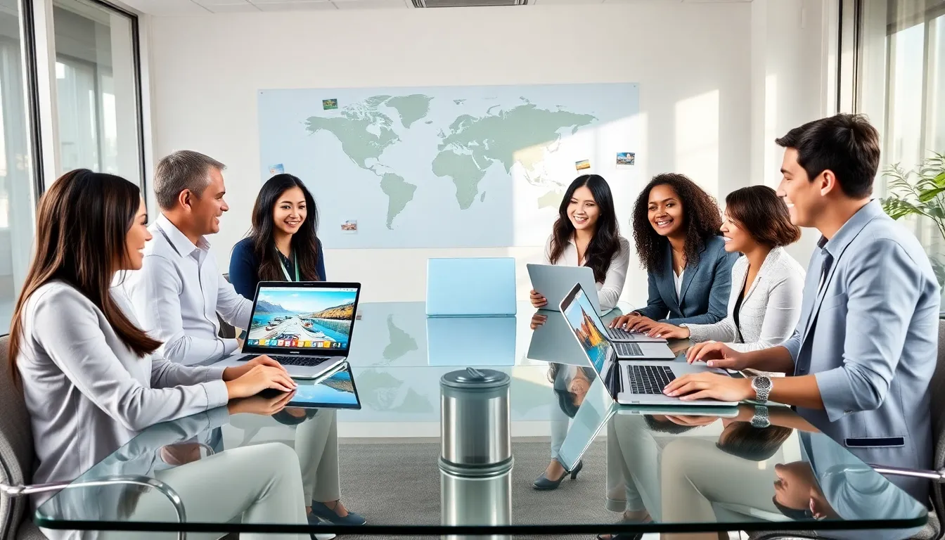 diverse travel agents collaborating in a modern office setting.