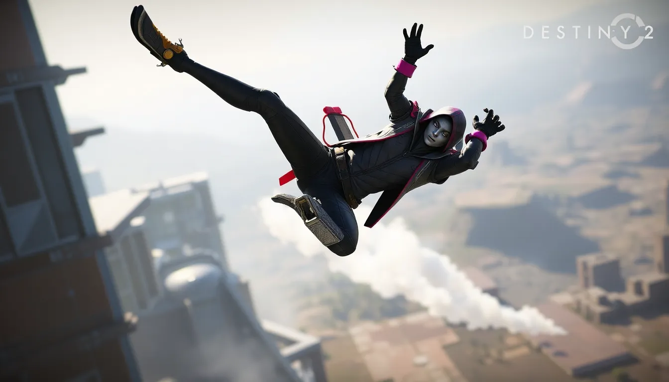 Hunter character in mid-air performing a flip in a futuristic battlefield.